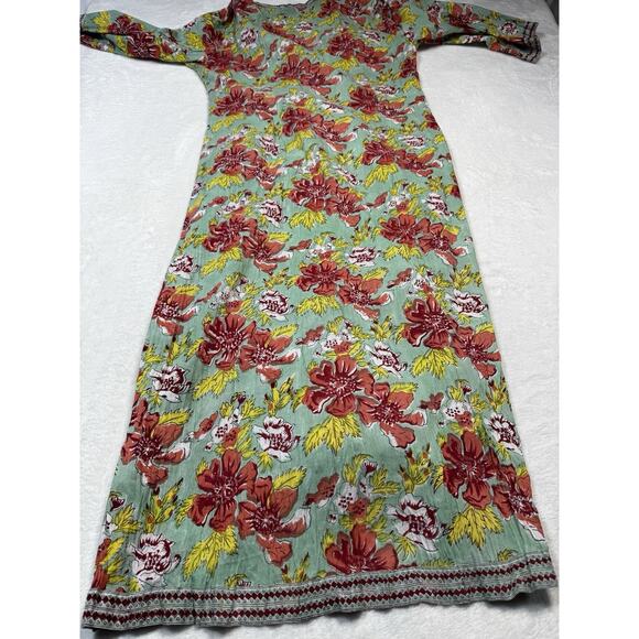Paisley & Pomegranate Nila Rubia Hand-Block Floral Maxi Wrap Dress Teal LG - Picture 4 of 8